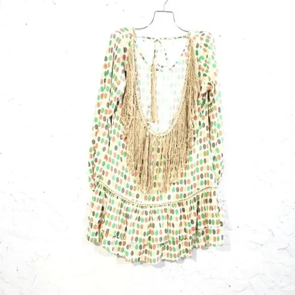 5x25 Skemo dotted mini fringe long sleeve open back ruffle dress size medium - Picture 3 of 14